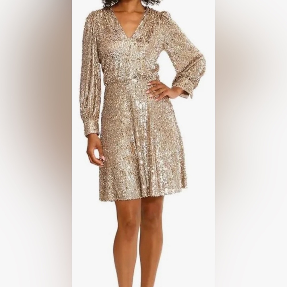 Maggy London Gold Sequin Long Sleeve Dress